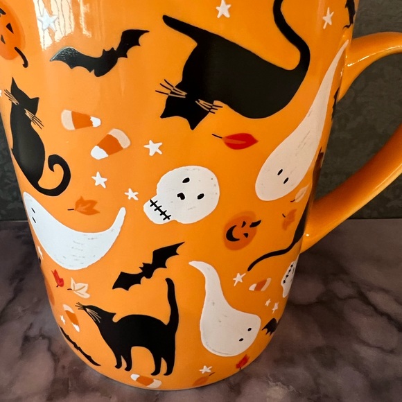 Halloween Tangerine Orange Mug Ghost Skull Black Cats Bats Candy Corn Rats Bats - Picture 5 of 8